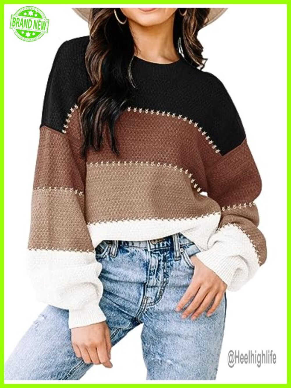 Women's Oversized Color Block Sweater Batwing Sleeve Asymmetric Hem Knit